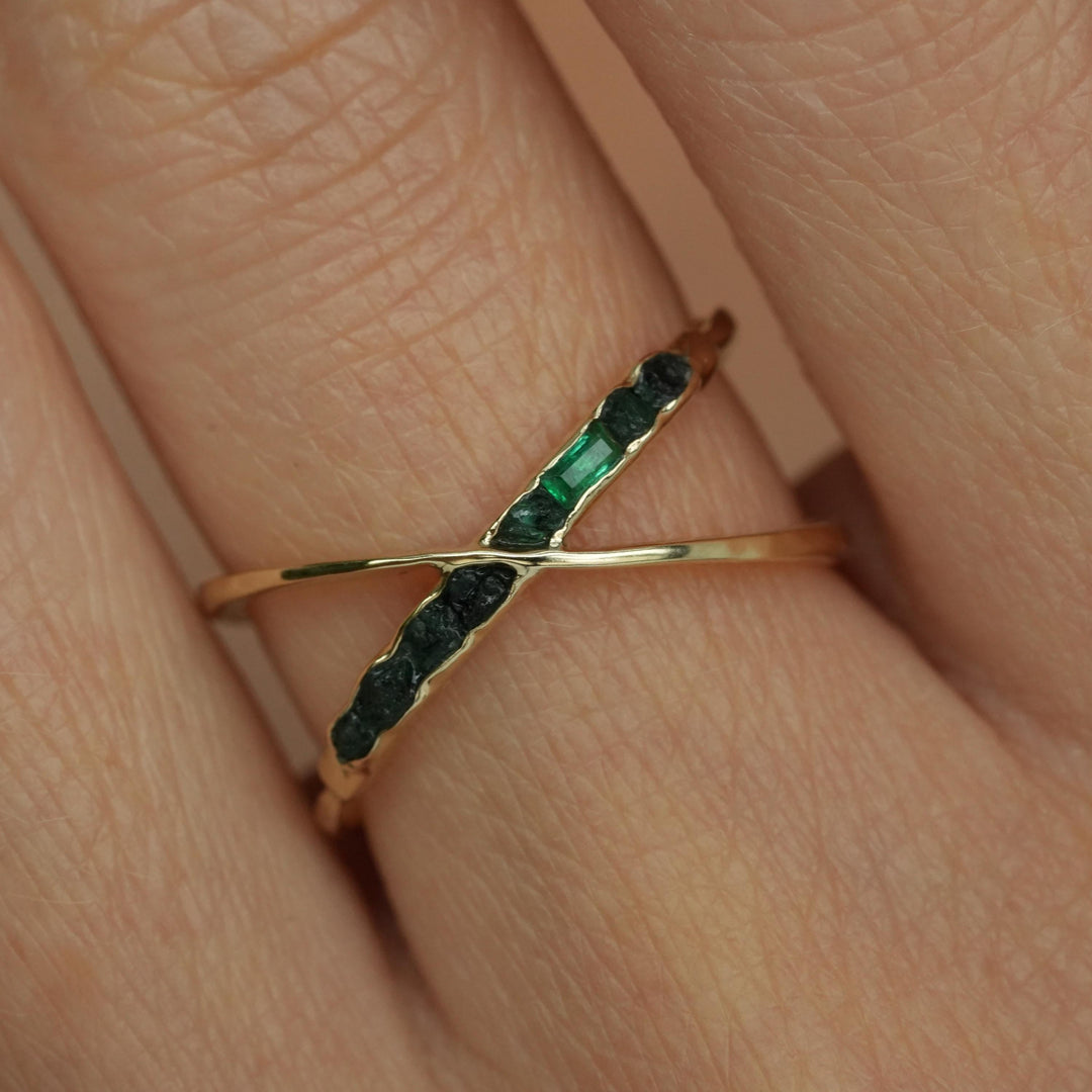 Raw Emerald X Ring. Rustic Custom Handmade Rough Uncut Raw Emerald Criss Cross Ring. Criss Cross Ring With Raw Stones. Yellow Gold X Ring