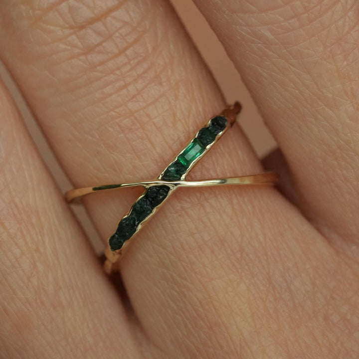 Raw Emerald X Ring. Rustic Custom Handmade Rough Uncut Raw Emerald Criss Cross Ring. Criss Cross Ring With Raw Stones. Yellow Gold X Ring