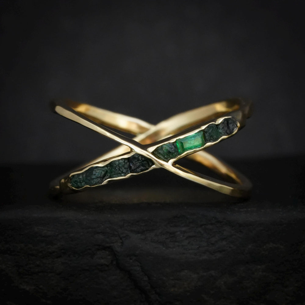 Raw Emerald X Ring. Rustic Custom Handmade Rough Uncut Raw Emerald Criss Cross Ring. Criss Cross Ring With Raw Stones. Yellow Gold X Ring
