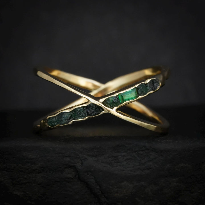 Raw Emerald X Ring. Rustic Custom Handmade Rough Uncut Raw Emerald Criss Cross Ring. Criss Cross Ring With Raw Stones. Yellow Gold X Ring