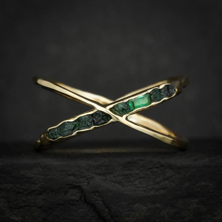 Raw Emerald X Ring. Rustic Custom Handmade Rough Uncut Raw Emerald Criss Cross Ring. Criss Cross Ring With Raw Stones. Yellow Gold X Ring
