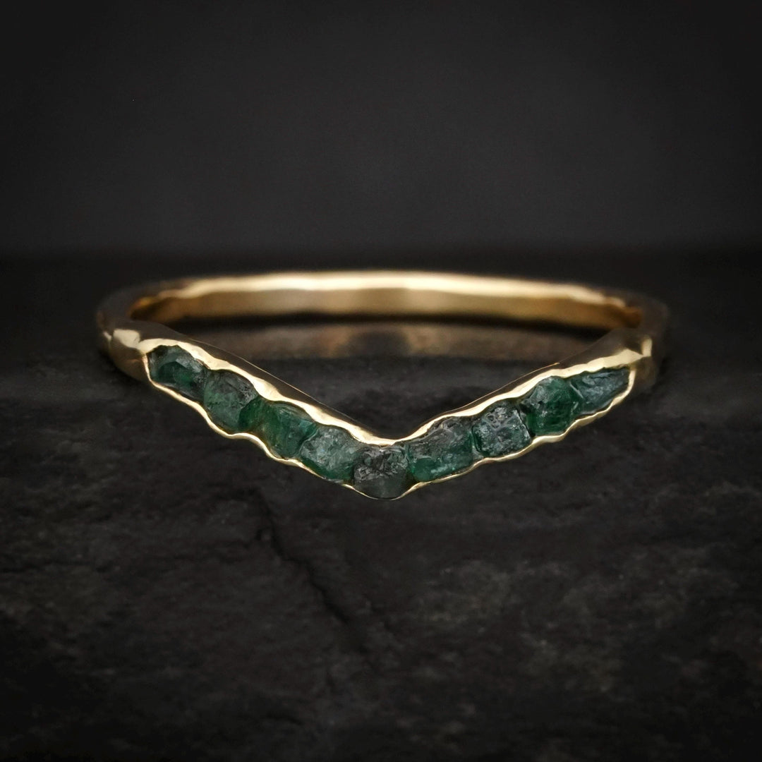Raw Emerald Wave Ring. Yellow Gold Handmade Rustic Natural Raw Rough Uncut Bezel Set Dark Green Emerald Wave Band Ring. Emerald Band Ring
