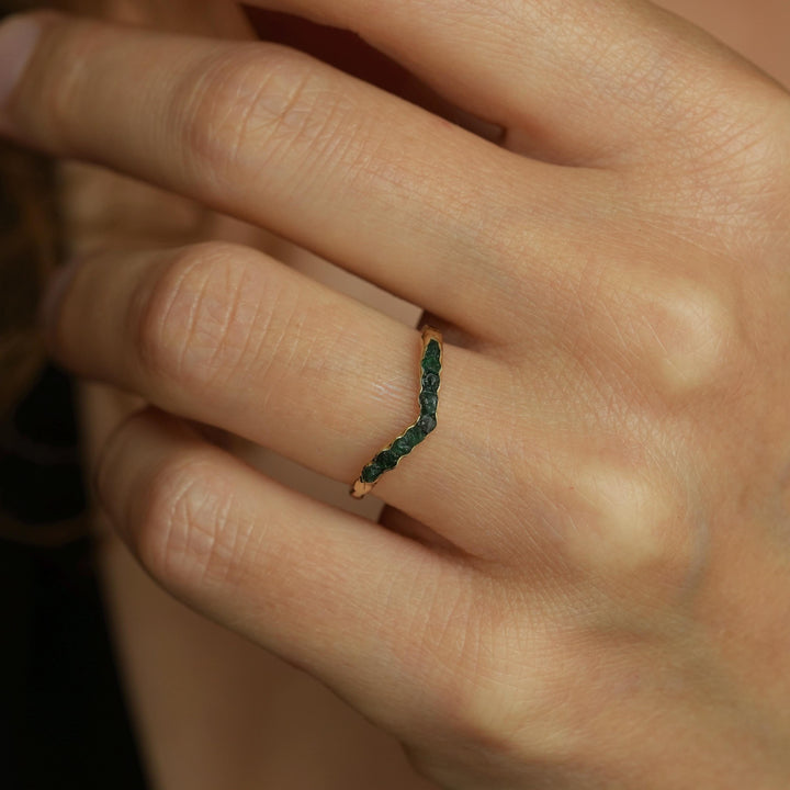 Raw Emerald Wave Ring. Yellow Gold Handmade Rustic Natural Raw Rough Uncut Bezel Set Dark Green Emerald Wave Band Ring. Emerald Band Ring