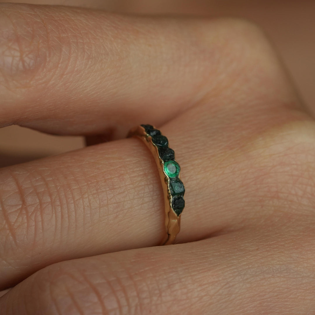 Emerald Band Ring. Nature Inspired Rustic Raw Rough Uncut Dark Green and Bright Green Round Genuine Emerald Wedding Engagement Band Ring