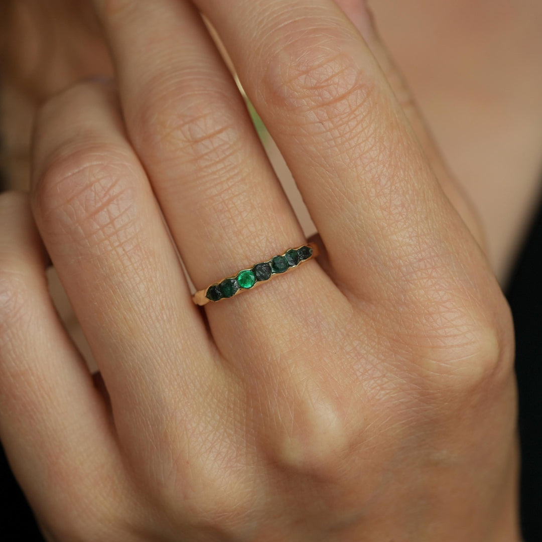 Emerald Band Ring. Nature Inspired Rustic Raw Rough Uncut Dark Green and Bright Green Round Genuine Emerald Wedding Engagement Band Ring