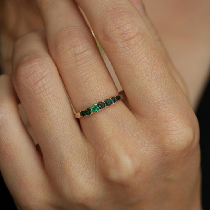 Emerald Band Ring. Nature Inspired Rustic Raw Rough Uncut Dark Green and Bright Green Round Genuine Emerald Wedding Engagement Band Ring