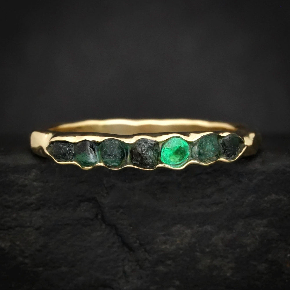 Emerald Band Ring. Nature Inspired Rustic Raw Rough Uncut Dark Green and Bright Green Round Genuine Emerald Wedding Engagement Band Ring