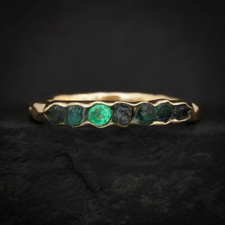 Emerald Band Ring. Nature Inspired Rustic Raw Rough Uncut Dark Green and Bright Green Round Genuine Emerald Wedding Engagement Band Ring
