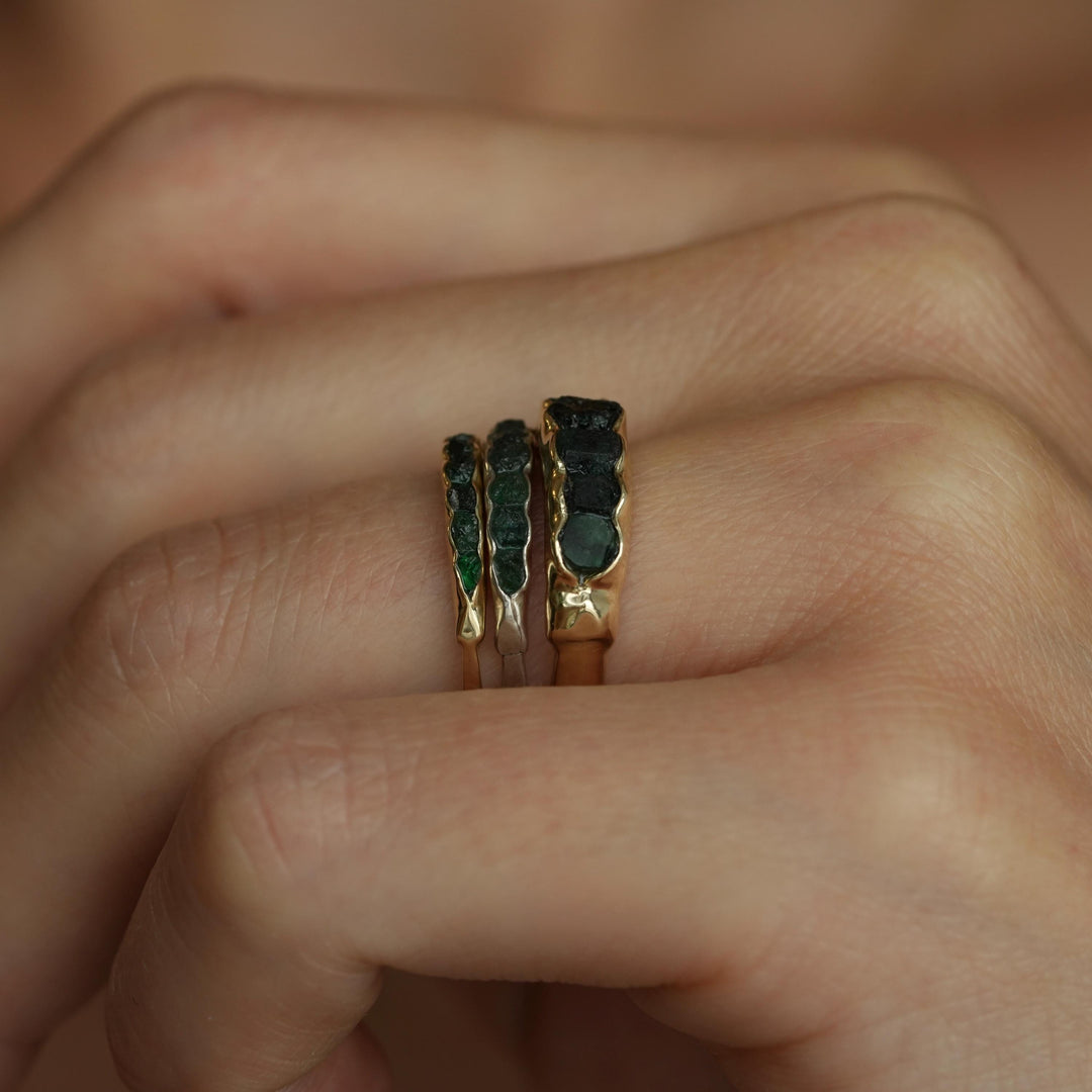 Wide Raw Emerald Band Ring. Rustic Organic Alternative Unique Raw Rough Uncut Deep Dark Green Natural Genuine Emerald Wedding Band Ring