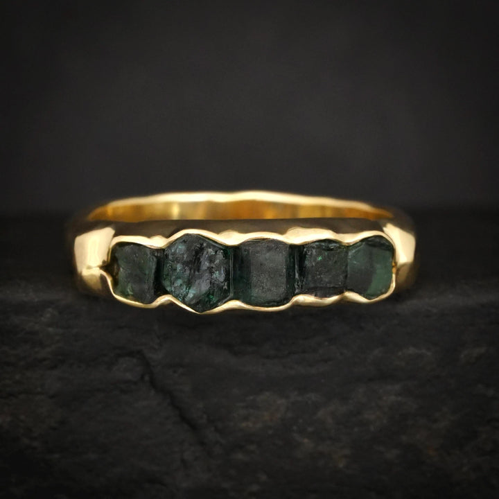 Wide Raw Emerald Band Ring. Rustic Organic Alternative Unique Raw Rough Uncut Deep Dark Green Natural Genuine Emerald Wedding Band Ring
