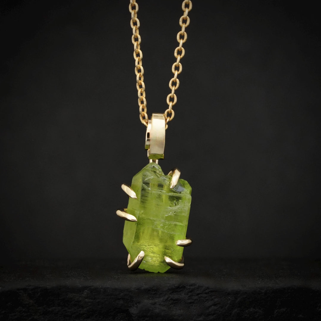 Raw Peridot Crystal Necklace. Rustic 14k / 585 Yellow Gold Prong Set Natural Raw Uncut Peridot Crystal Necklace. Crystal Pendant Necklace