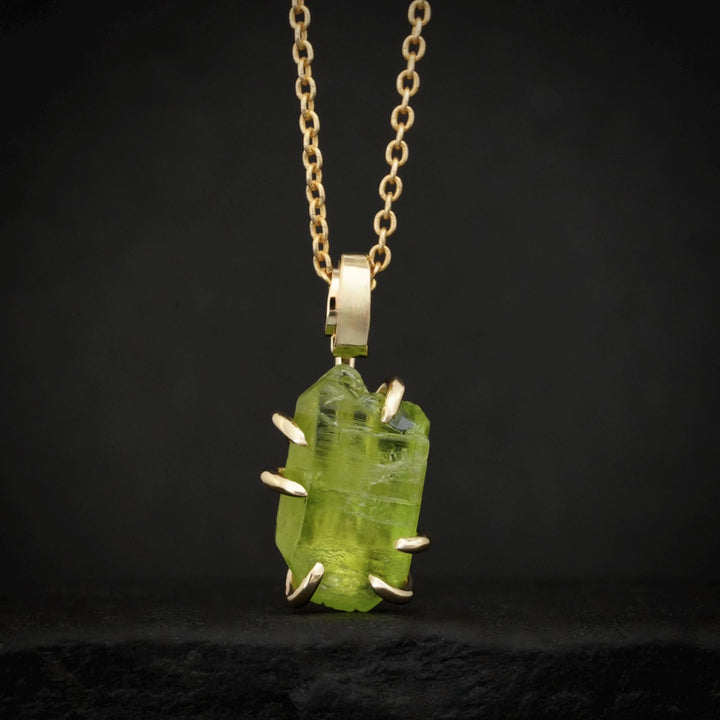 Raw Peridot Crystal Necklace. Rustic 14k / 585 Yellow Gold Prong Set Natural Raw Uncut Peridot Crystal Necklace. Crystal Pendant Necklace