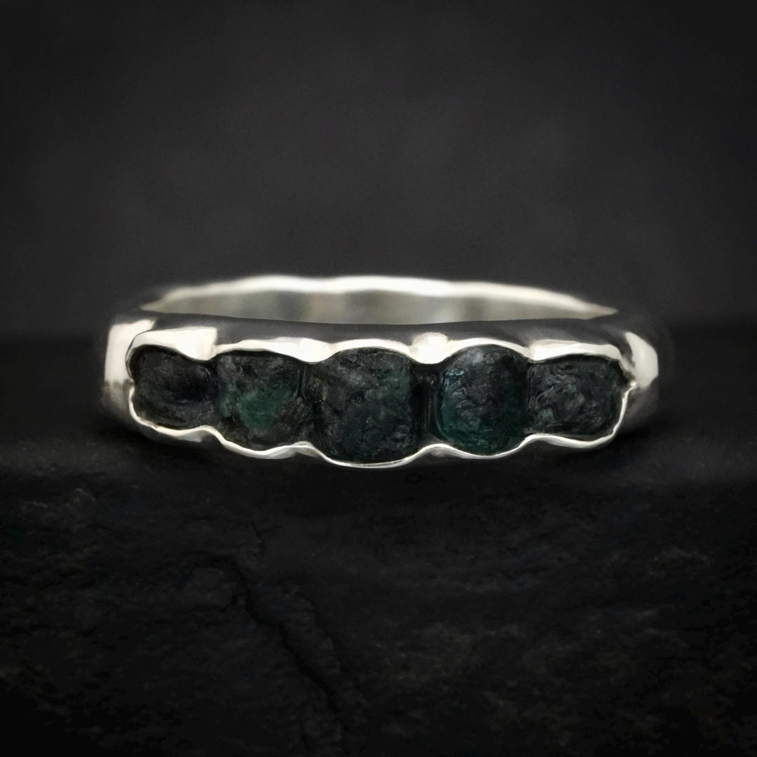 RTS Wide Raw Emerald Band Ring. Rustic Sterling Silver Raw Rough Uncut Deep Dark Green Natural Genuine Emerald Wedding Band Ring
