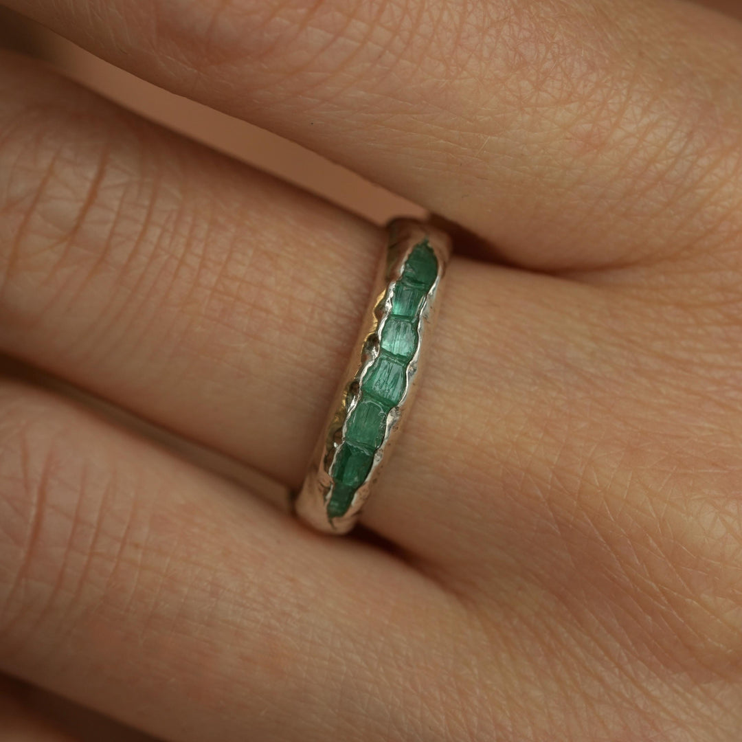 RTS Wide Raw Emerald Ring. US Size 6.75 US Rustic Sterling Silver Raw Rough Uncut Natural Genuine Emerald Crystal Mens Wedding Band Ring