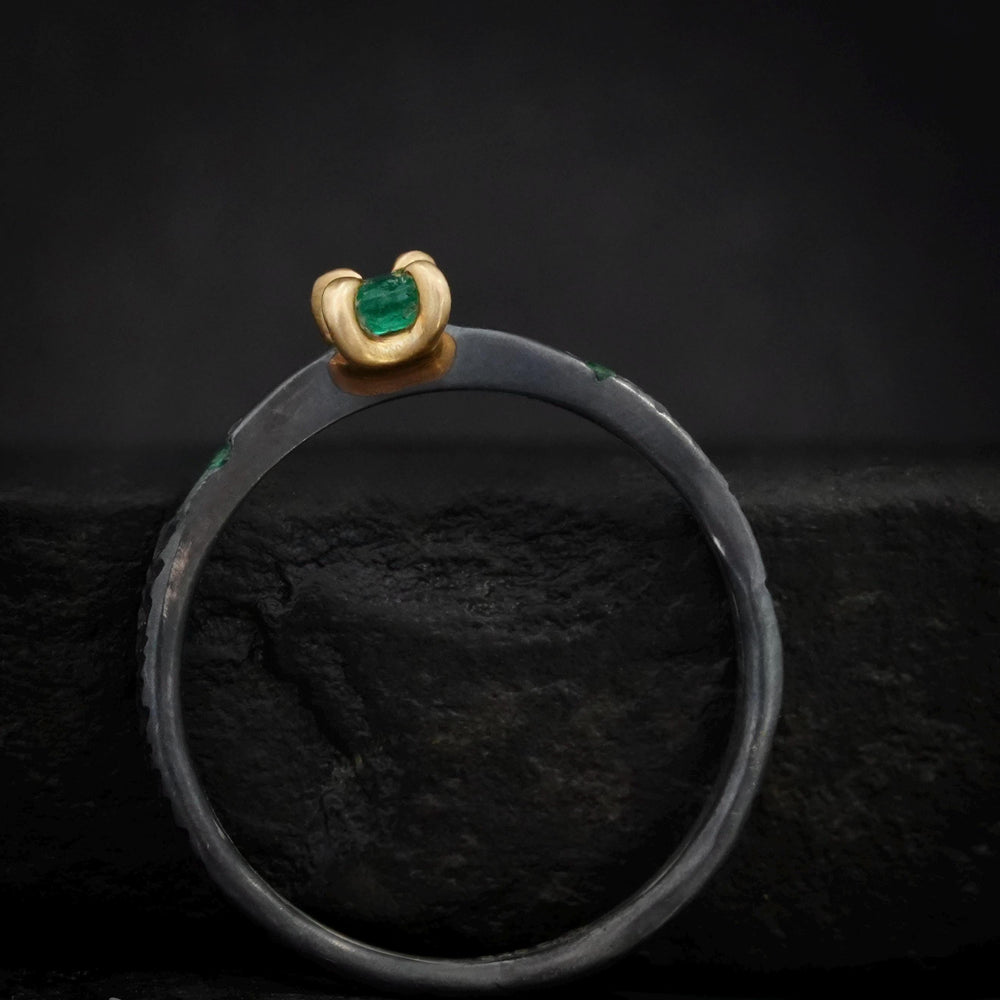 Emerald Ring. Rustic Black Silver and 14k Gold 4 Prong Set Natural Emerald Engagement Promise Ring. Emerald Ring with Feather Band