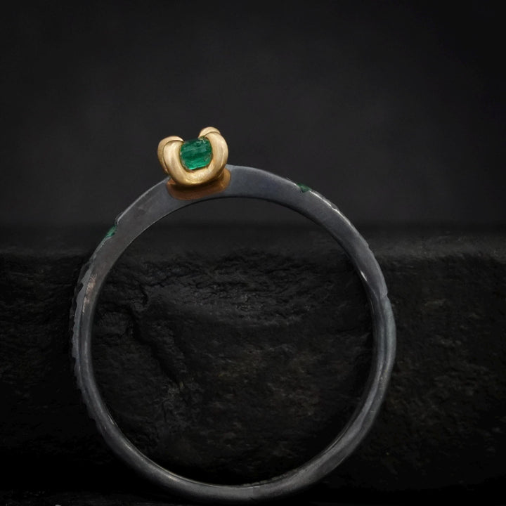 Emerald Ring. Rustic Black Silver and 14k Gold 4 Prong Set Natural Emerald Engagement Promise Ring. Emerald Ring with Feather Band