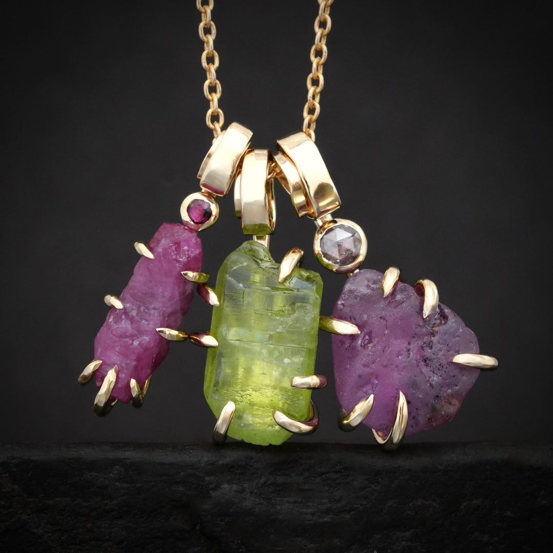 Raw Pink Sapphire Necklace. 14k Solid Yellow Gold Raw Uncut Raw Purplish Pink Sapphire and Purplish Pink Diamond Pendant Charm Necklace