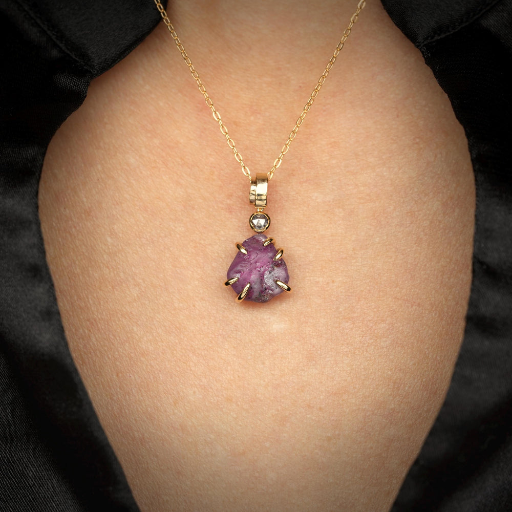 Raw Pink Sapphire Necklace. 14k Solid Yellow Gold Raw Uncut Raw Purplish Pink Sapphire and Purplish Pink Diamond Pendant Charm Necklace