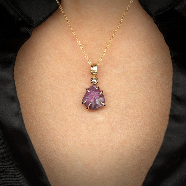 Raw Pink Sapphire Necklace. 14k Solid Yellow Gold Raw Uncut Raw Purplish Pink Sapphire and Purplish Pink Diamond Pendant Charm Necklace