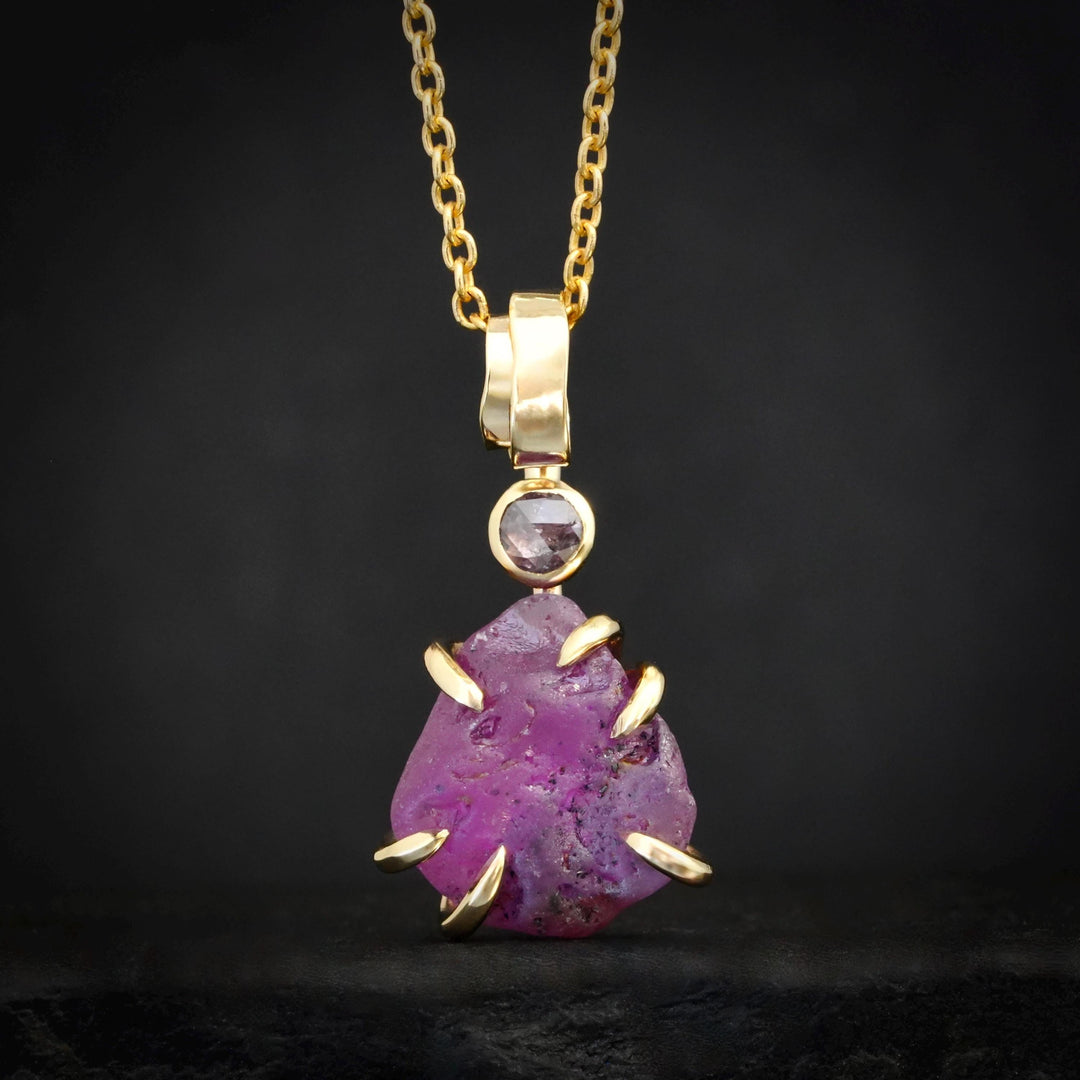 Raw Pink Sapphire Necklace. 14k Solid Yellow Gold Raw Uncut Raw Purplish Pink Sapphire and Purplish Pink Diamond Pendant Charm Necklace