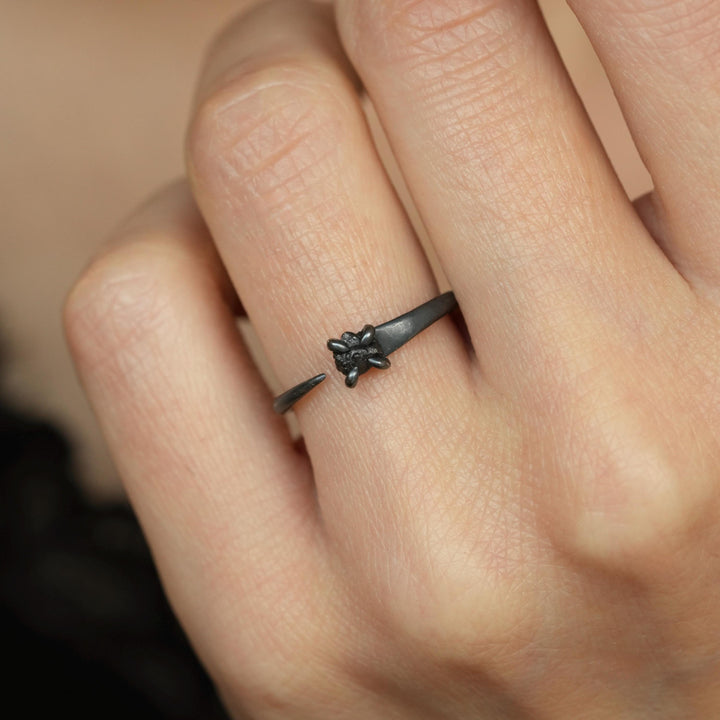 Black Diamond Ring. Adjustable Raw Black Diamond Horseshoe Nail Ring. Unique Rustic Natural Raw Rough Black Diamond Gemstone Engagement Ring
