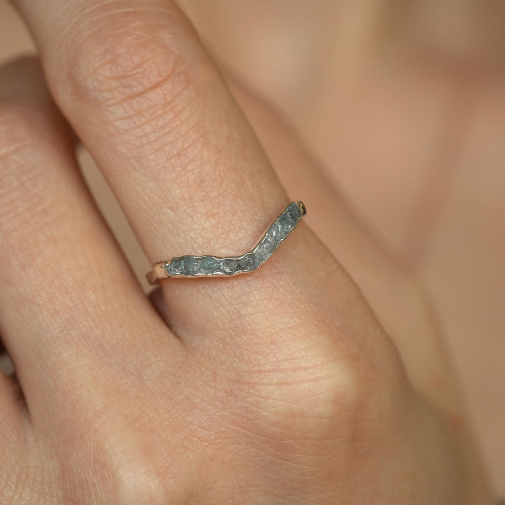 Aquamarine Wave Ring: RTS Raw Uncut Natural Bezel Set Aquamarine Chevron Wave Wedding Band Ring in US size 8.25 / UK size Q