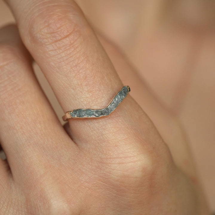 Aquamarine Wave Ring: RTS Raw Uncut Natural Bezel Set Aquamarine Chevron Wave Wedding Band Ring in US size 8.25 / UK size Q