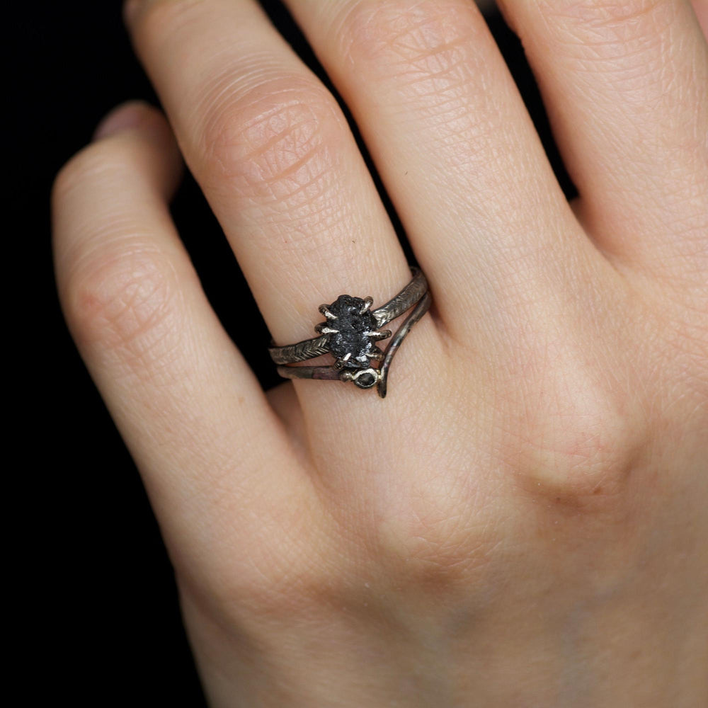 Black Diamond Ring Set. Set of 2 Rustic Unique Gold Silver Raw Uncut Rough Black Diamond and Galaxy Diamond Wave Chevron Ring Set for Her