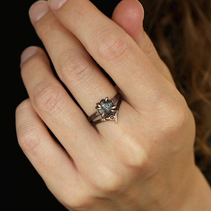 Black Diamond Ring Set. Set of 2 Rustic Unique Gold Silver Raw Uncut Rough Black Diamond and Galaxy Diamond Wave Chevron Ring Set for Her