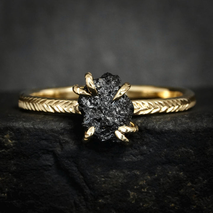 Black Diamond Ring Set. Set of 2 Rustic Unique Gold Silver Raw Uncut Rough Black Diamond and Galaxy Diamond Wave Chevron Ring Set for Her