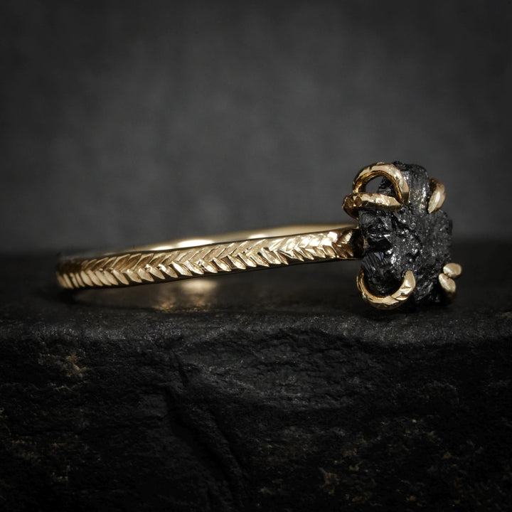 Black Diamond Ring Set. Set of 2 Rustic Unique Gold Silver Raw Uncut Rough Black Diamond and Galaxy Diamond Wave Chevron Ring Set for Her