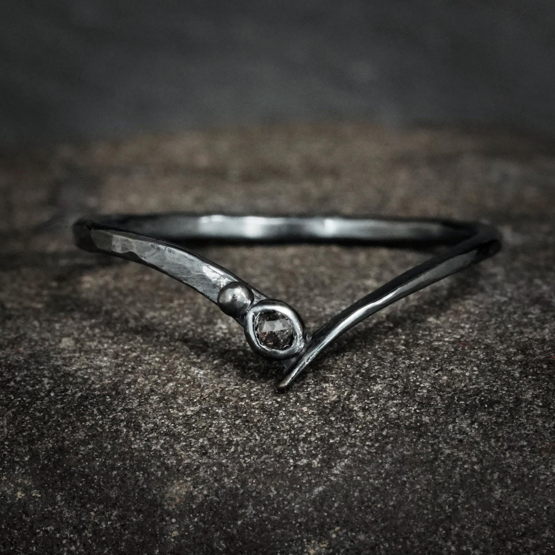 Black Diamond Ring Set. Set of 2 Rustic Unique Gold Silver Raw Uncut Rough Black Diamond and Galaxy Diamond Wave Chevron Ring Set for Her