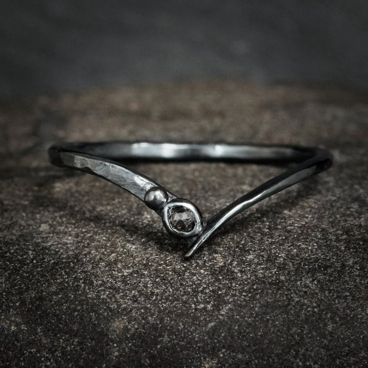 Black Diamond Ring Set. Set of 2 Rustic Unique Gold Silver Raw Uncut Rough Black Diamond and Galaxy Diamond Wave Chevron Ring Set for Her