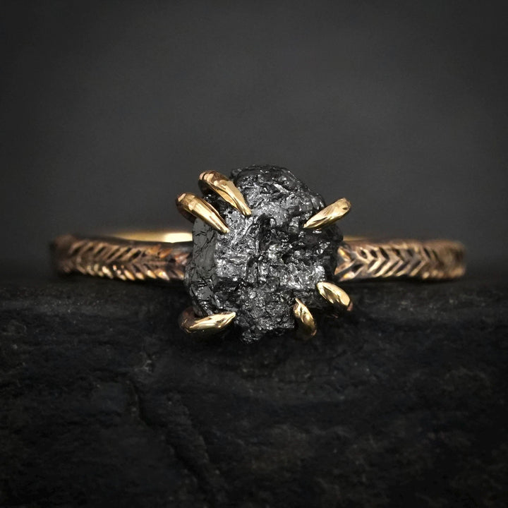 Black Diamond Ring Set. Set of 2 Rustic Unique Gold Silver Raw Uncut Rough Black Diamond and Galaxy Diamond Wave Chevron Ring Set for Her