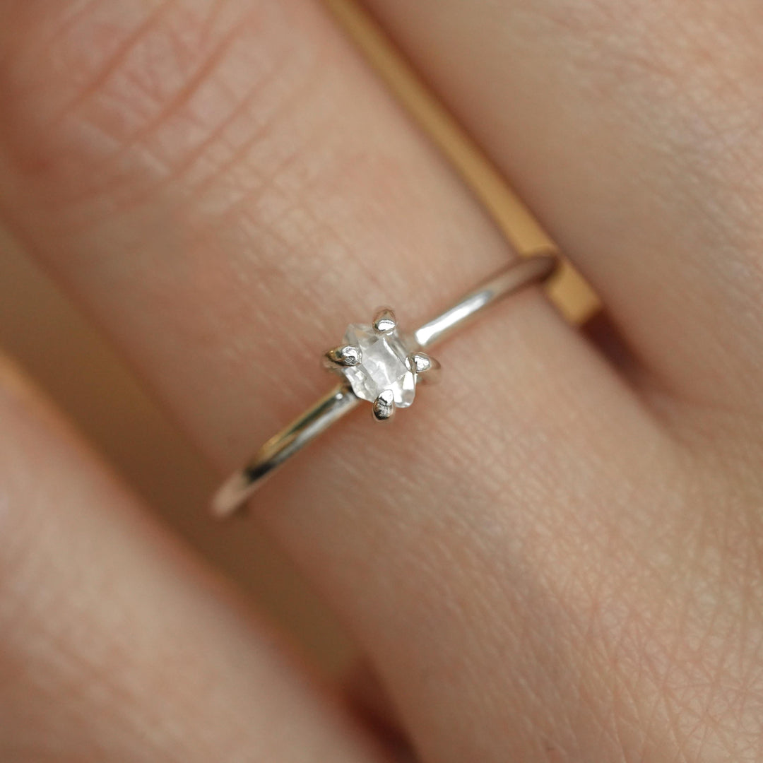 Herkimer Diamond Ring: RTS 925 Silver 4 Prong Set Large Natural Herkimer Diamond Crystal Engagement Ring in US size 5-7.25