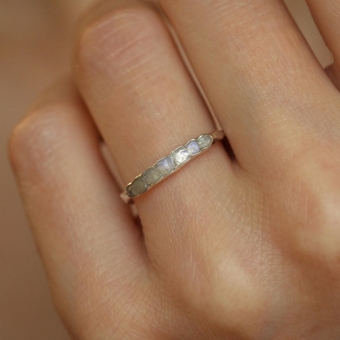 Rainbow Moonstone Ring: RTS Raw Rough Uncut Natural Untreated Rainbow Moonstone Stackable Wedding Band Ring in US size 5.25-9.5