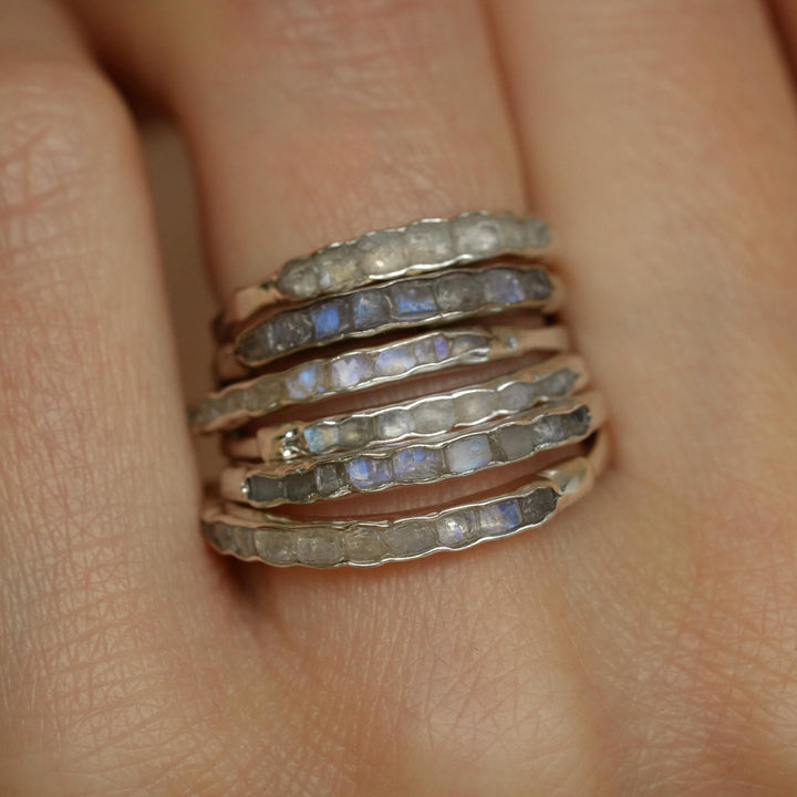 Rainbow Moonstone Ring: RTS Raw Rough Uncut Natural Untreated Rainbow Moonstone Stackable Wedding Band Ring in US size 5.25-9.5