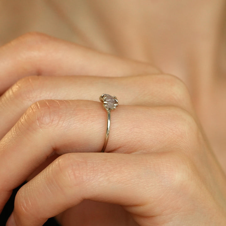 Pink Diamond Ring: RTS 14k Solid White Gold Raw Rough Uncut Natural Greyish Pink Diamond Engagement Promise Ring in US size 5.5