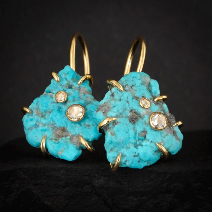 Turquoise Earrings: RTS Solid 18k Yellow Gold Raw Uncut Prong Set Sky Blue Sleeping Beauty Turquoise Drop Earrings with Clear Round Diamonds