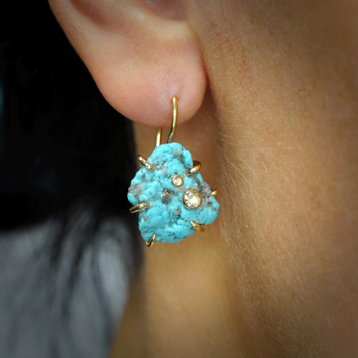 Turquoise Earrings: RTS Solid 18k Yellow Gold Raw Uncut Prong Set Sky Blue Sleeping Beauty Turquoise Drop Earrings with Clear Round Diamonds