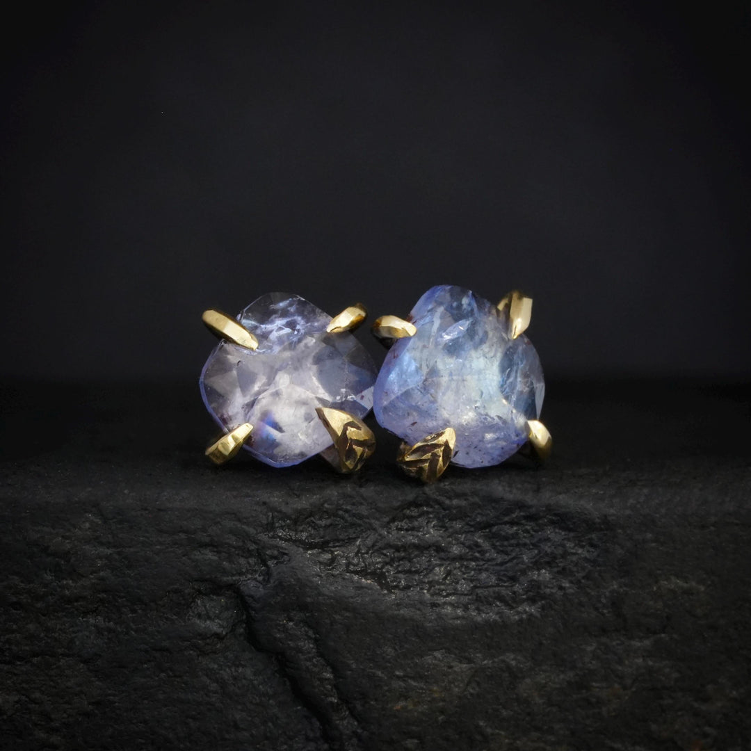 RTS 14k Yellow Solid Gold Rose Cushion Rounded Square Cut Prong Set Tanzanite Stud Earrings