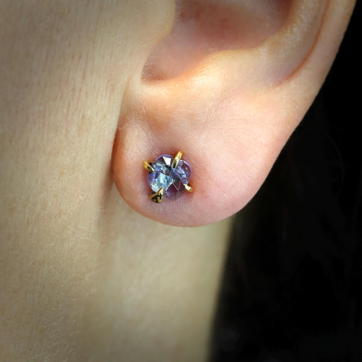 RTS 14k Yellow Solid Gold Rose Cushion Rounded Square Cut Prong Set Tanzanite Stud Earrings