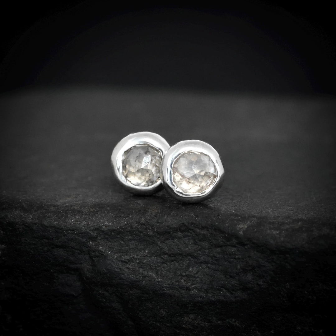 White Diamond Studs: RTS 925 Solid Silver Bezel Set Round Rose Cut Natural White Diamond Stud Earrings