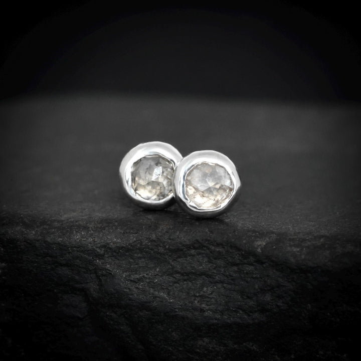 White Diamond Studs: RTS 925 Solid Silver Bezel Set Round Rose Cut Natural White Diamond Stud Earrings