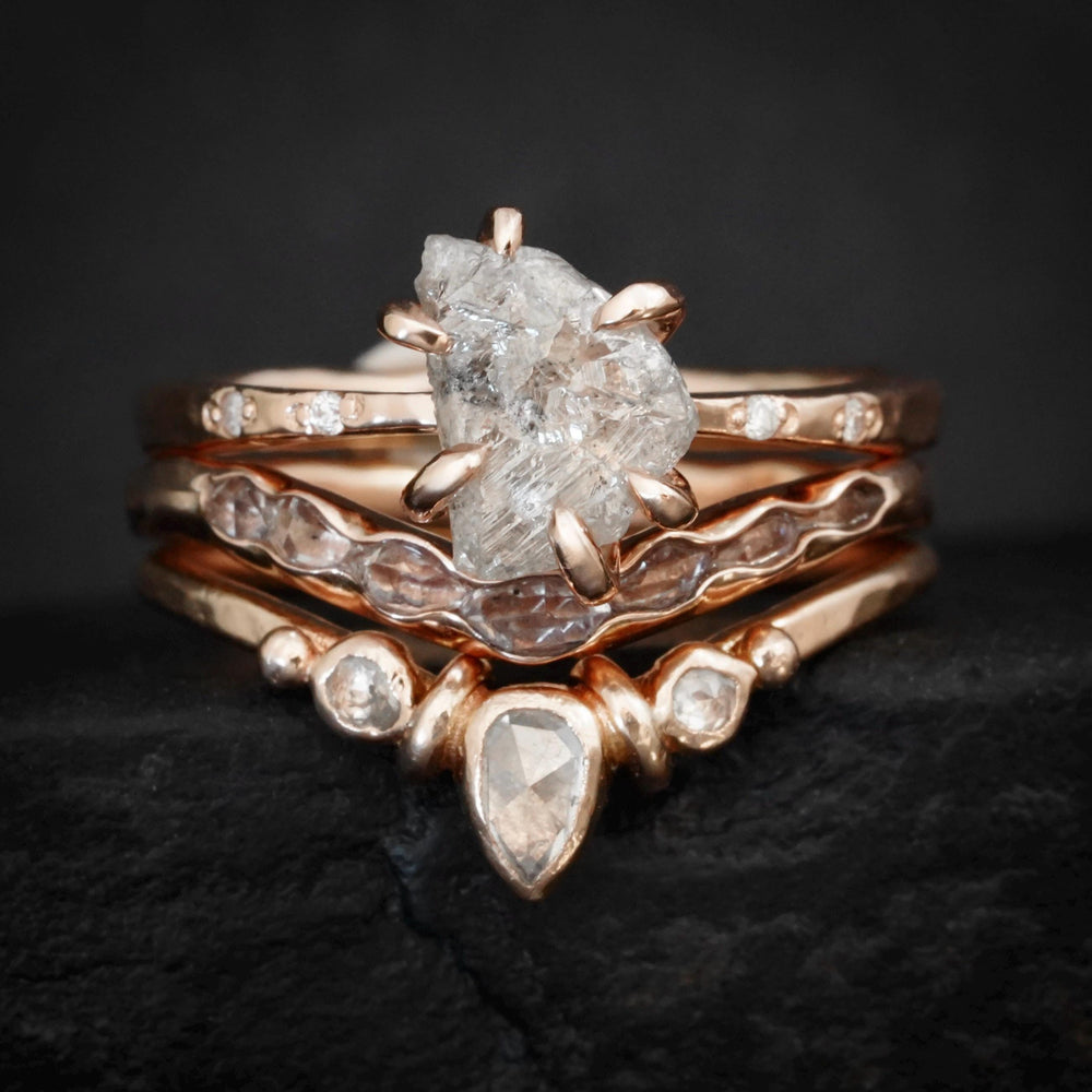 Raw Diamond Ring: RTS Solid 14k Rose Gold 6 Prong Set Uncut Natural White Salt and Pepper Galaxy Diamond Ring in US size 5.5 / UK size K 1/2