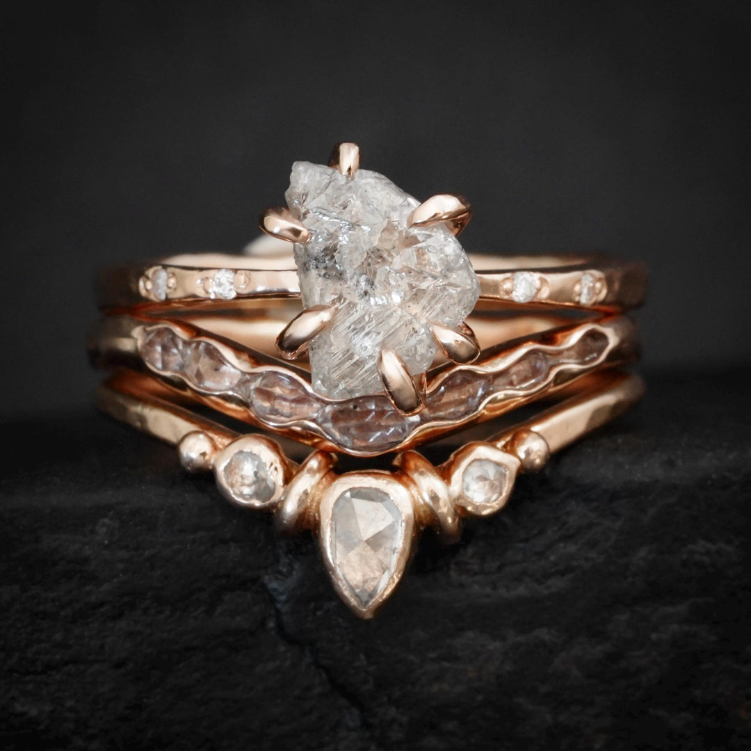 Raw Diamond Ring: RTS Solid 14k Rose Gold 6 Prong Set Uncut Natural White Salt and Pepper Galaxy Diamond Ring in US size 5.5 / UK size K 1/2