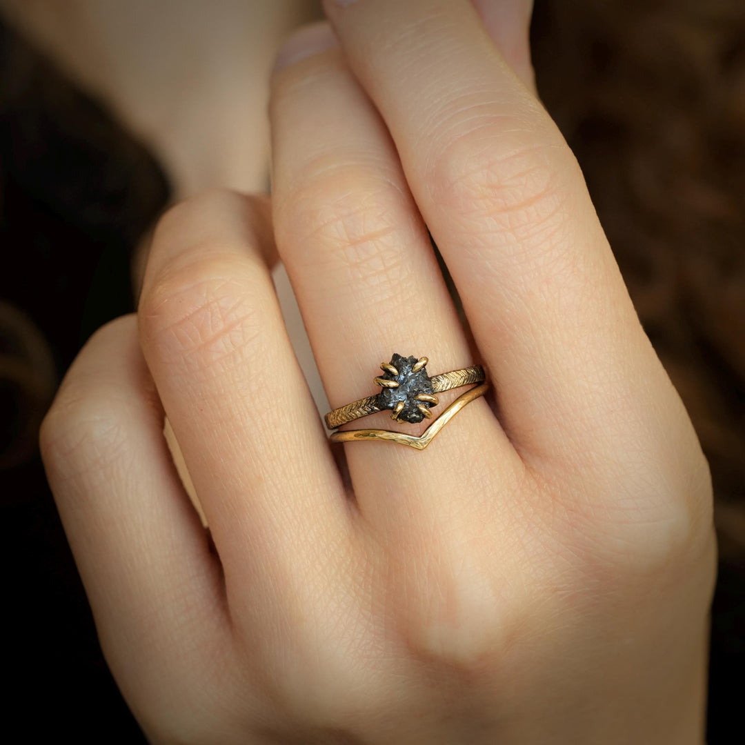 Black Diamond Ring: RTS Solid 18k Yellow Gold 6 Prong Set Raw Uncut Black Diamond Feather Ring in US size 6 / UK size L 1/2