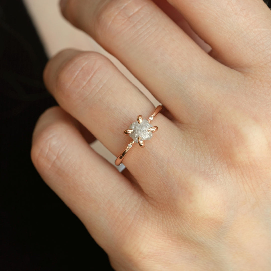 1 Carat Diamond Ring: RTS 14k Solid Rose Gold 4 Prong Set Raw Uncut Round Greyish White Diamond Ring in US size 5 / UK size J 1/2