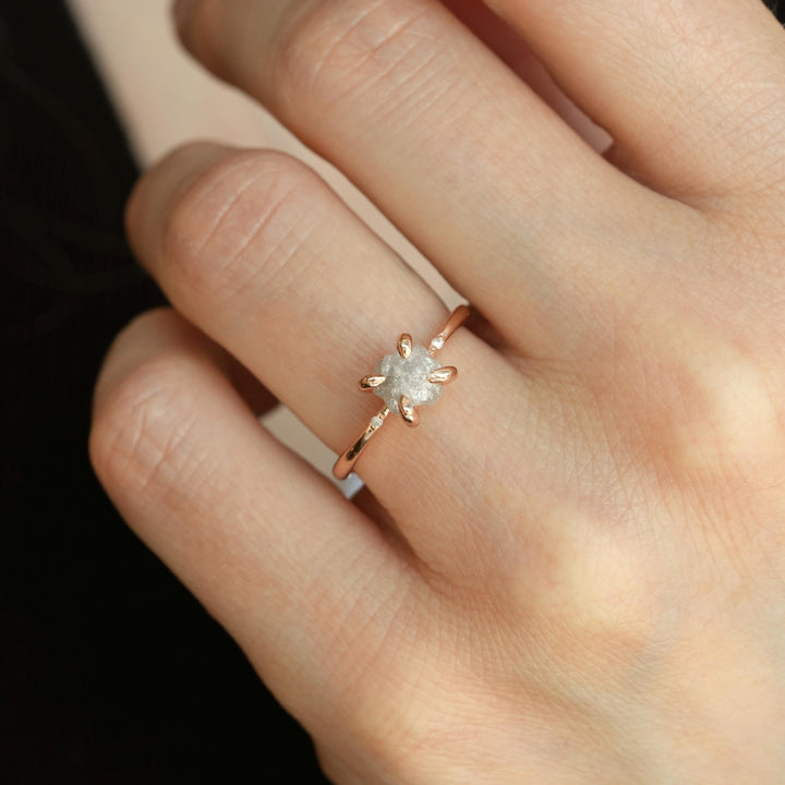 1 Carat Diamond Ring: RTS 14k Solid Rose Gold 4 Prong Set Raw Uncut Round Greyish White Diamond Ring in US size 5 / UK size J 1/2