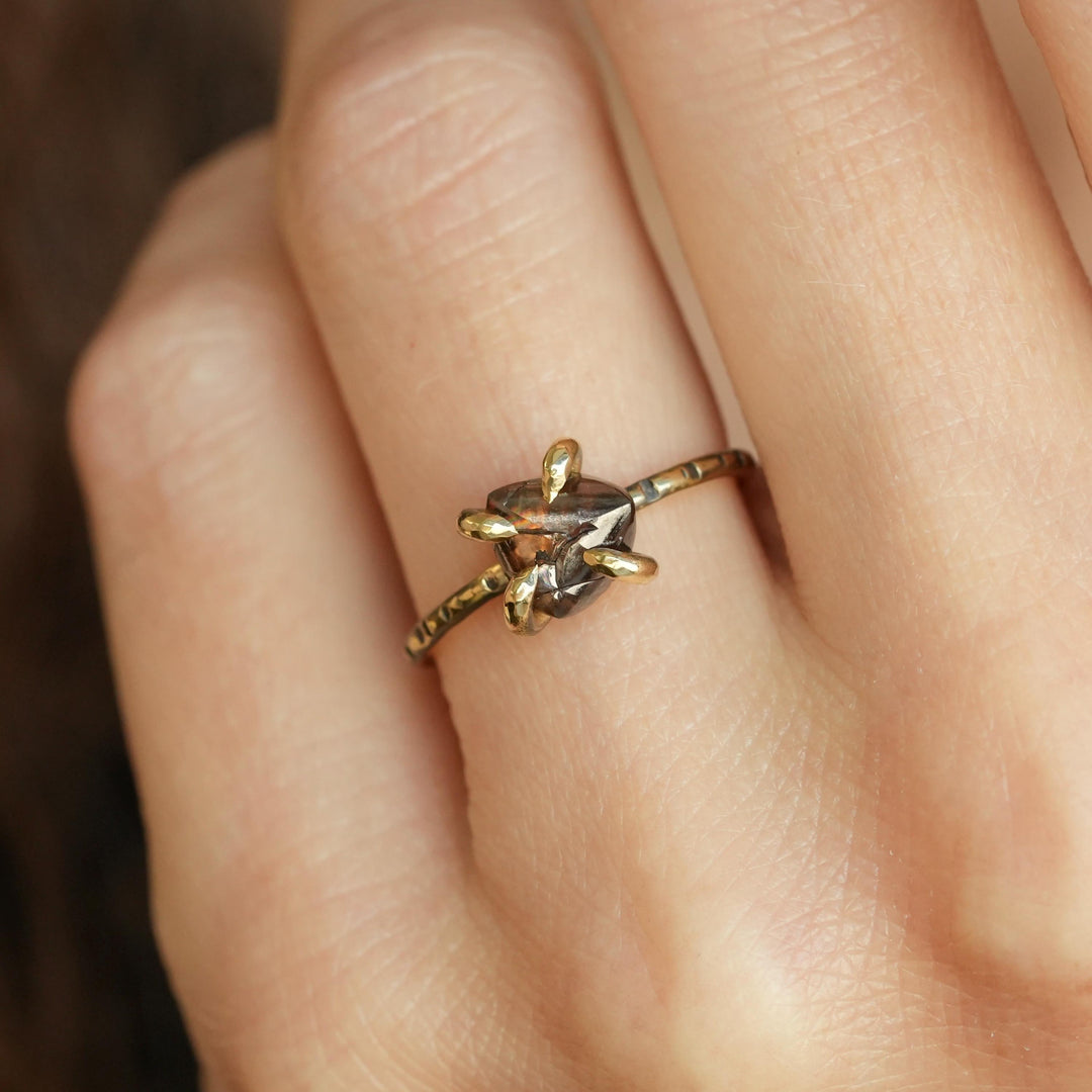 Brown Diamond Ring: RTS 18k Solid Yellow Gold Triangle Shape 4 Prong Set Brown Diamond Crystal Ring in US size 5 / UK size J 1/2